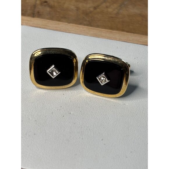 Vintage Anson Gold & Black Cufflinks With Tie Clip Set-NOTE PICS - Picture 6 of 13